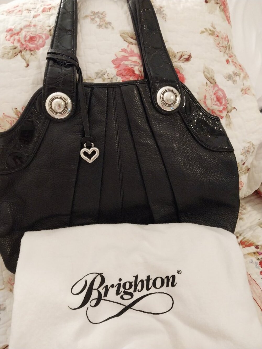 Brighton Black Leather Tote with Silver Heart Charm